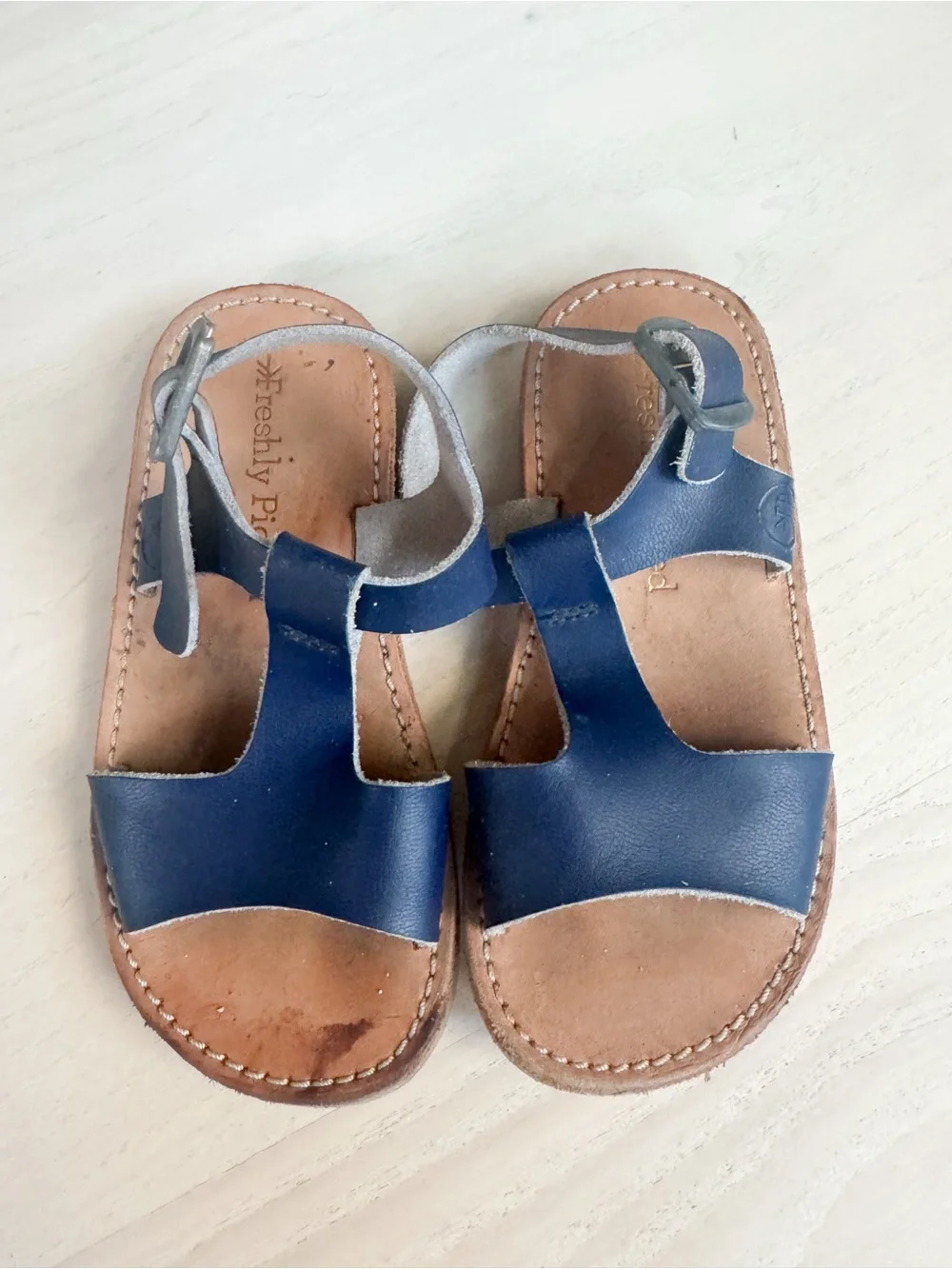 Freshly Picked Navy Blue Leather T-Strap Kids Sandals